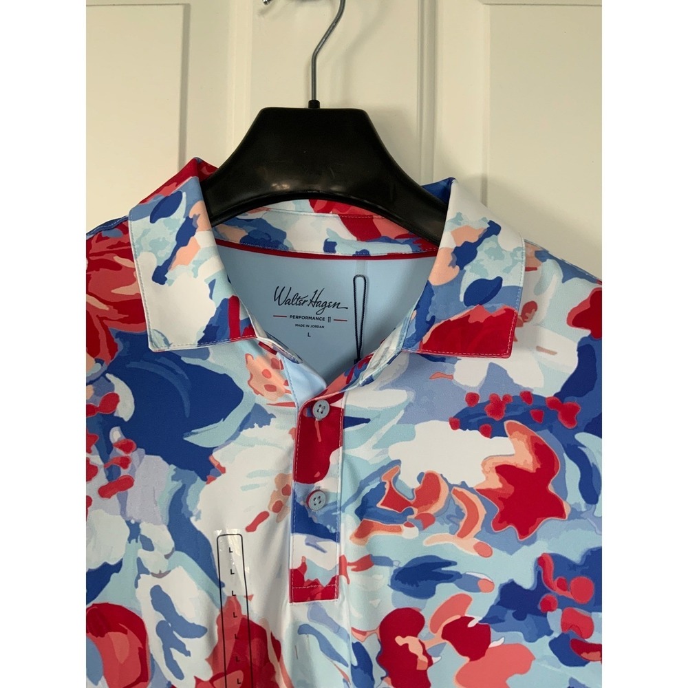 Walter Hagen Performance II Mens Golf Polo Shirt Large Floral Red White Blue L